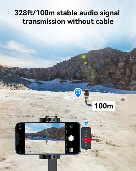 328ft range demonstration of 3 in 1 Wireless Lavalier Microphone Clip-On for iPhone Android and Camera in a desert landscape.