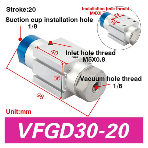 Rugged Mechanical Arm Gripper Cylinder And Pneumatic System With Vacuum Generator Suction Cup For Automation Equipment And Robotics Built To Last Plug And Play Easy Install Low Maintenance And Long Term Stable Performance In Machinery Manufacturing, dimensions and thread details shown.