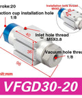 Heavy Duty Mechanical Arm Gripper Cylinder For Pneumatic Automation High Performance Actuator With Vacuum Generator And Suction Cup Great For Robotics Machinery And Industrial Manufacturing product diagram with dimensions and threads labeled.