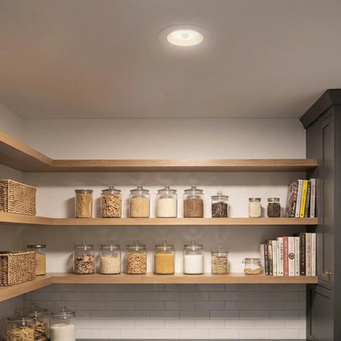 5 Inch And 6 Inch Retrofit LED PIR Motion Sensor Downlight, Super Bright 1300 Lumens, 14W, 5 CCT Color Temperatures, Indoor Outdoor Use, Motion Auto On For 30 Seconds After Detection, High CRI 80, Energy Efficient Lighting installed in kitchen ceiling