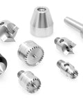 9 Piece MT2 Wood Lathe Drive And Live Center Kit With Aluminum Case showing drive centers and MT2 live centers on white background.