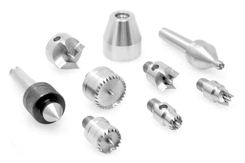 9 Piece MT2 Wood Lathe Drive And Live Center Kit With Aluminum Case showing drive centers and MT2 live centers on white background.