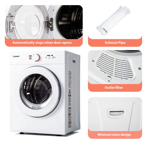 Euhomy white 1.8 cu ft compact portable clothes dryer, front view with exhaust duct and outlet filter