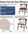 Guide on choosing size for Set Of 2 Waterproof Outdoor Chair Cushions With Ties, measuring chair width and depth, 17x16 inch cushion displayed.