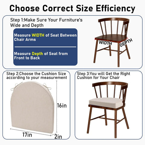 Guide on choosing size for Set Of 2 Waterproof Outdoor Chair Cushions With Ties, measuring chair width and depth, 17x16 inch cushion displayed.