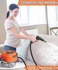 Woman using Hi-Temp Handheld Steam Cleaner 2500W with 3 bar pressure on sofa for bed bugs.