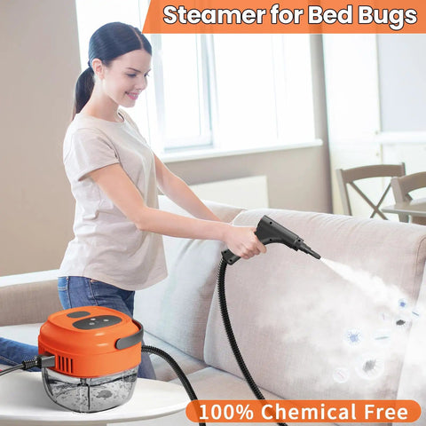 Woman using Hi-Temp Handheld Steam Cleaner 2500W with 3 bar pressure on sofa for bed bugs.