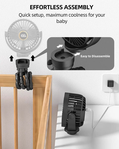 Portable Stroller Mini Fan For On The Go Moms And Dads Rechargeable Personal Cooling Fan with 360 Degree Rotatable Head and Clip