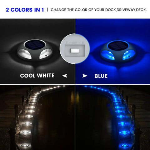 Wireless Solar Deck Lights Outdoor LED Pathway Markers 12 Pack Dual Color Modes Cool White And Blue Waterproof Aluminum