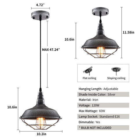 Three Pack Matte Black And Silver Pendant Lights 10.5 Inch Dope Industrial Vintage Farmhouse Ceiling Lamps for Kitchen Pendant Dimensions