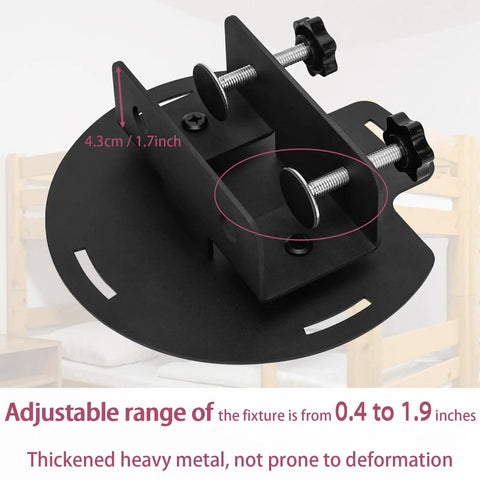 Adjustable Bunk Bed Fan Holder With Heavy Duty Clamp Bracket For Dorm Rooms showing adjustable fixture range and sturdy metal construction.