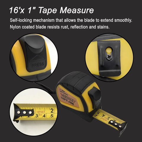 VASTOOLS tape measure (yellow/black), 16 ft x 1 in self-locking, part of welding accessories kit.