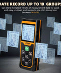 Heavy Duty Laser Distance Meter Featuring Slick Green Beams And Up To 262 Foot Range Rechargeable Battery With Crisp Lcd Readout Spot On Two Millimeter Accuracy For Hardworking Tradesmen displaying LCD readout and stored measurements.