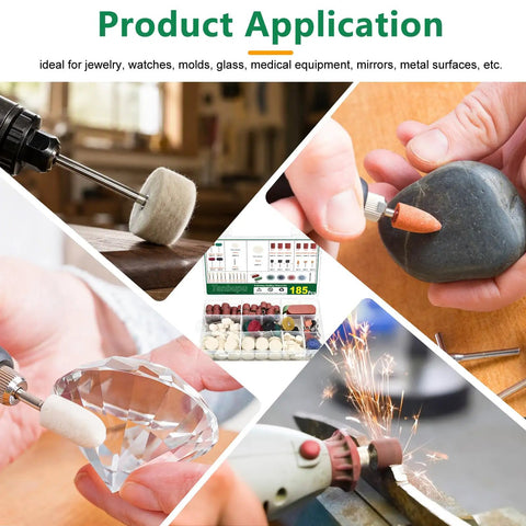 185 Piece Wool Felt Polishing Kit For Rotary Tools applied on various surfaces, showcasing polishing wheels on metal and stone.