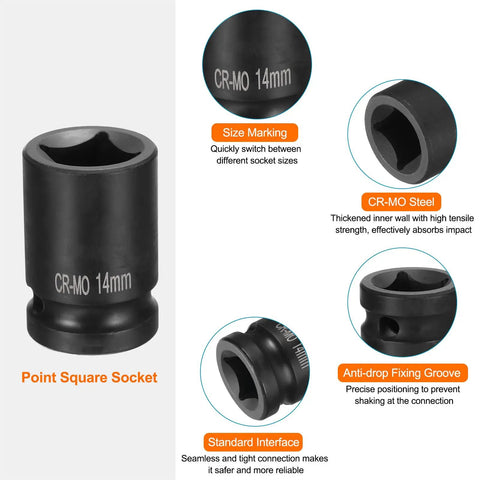 Pro Grade 14Millimeter 4 Point Square Impact Socket Half Inch Drive Cr Mo Steel showing size markings and features.