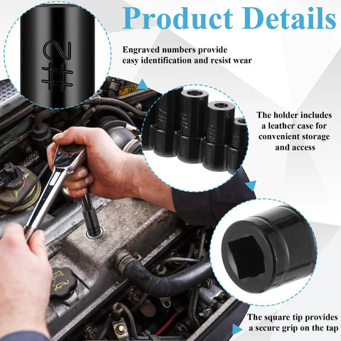 Tap Socket Set Eight Piece For Auto Shop Pros, Fits Quarter Inch And Three Eighth Inch Drive, used in automotive engine
