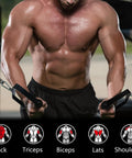 Muscular man using gym cable attachments with icons indicating targeted muscles for back, triceps, biceps, lats, shoulders.