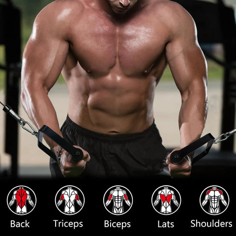 Muscular man using gym cable attachments with icons indicating targeted muscles for back, triceps, biceps, lats, shoulders.