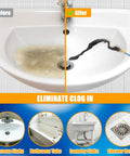 Before and after showing Heavy Duty 30 Inch Drain Snake Snagging Hair Clogs In Showers And Sinks reusable nylon hook auger in sink.