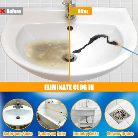 Before and after showing Heavy Duty 30 Inch Drain Snake Snagging Hair Clogs In Showers And Sinks reusable nylon hook auger in sink.