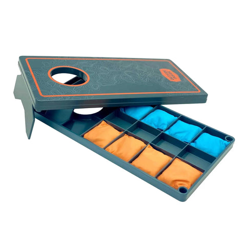 Portable Travel Mini Cornhole Set With Bean Bags Lightweight Nylon Boards Durable Outdoor Yard Game For Camping Go To Tailgates Beach And Backyard Fun Everywhere, showing board with storage for bean bags.