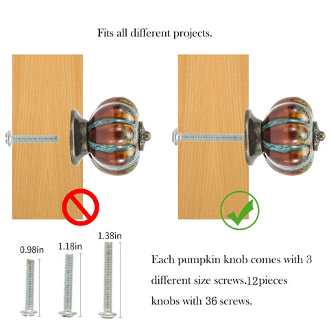 Durable Blue Pumpkin Cabinet Knobs 12 Pack Glazed Ceramic Vintage Door Pulls with three screw sizes on wood.