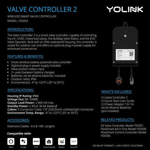 Image of Valve Controller 2 showing product specifications and features with focus on smart wireless battery-powered control for motorized valves.