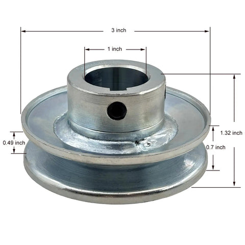 Workhorse Single Groove V Belt Pulley 3 Inch Outer Diameter 1 Inch Bore Carbon Steel Motor Pulley For A 4L 3L V Belts Zinc Plated 1020 Steel Comes With Keyseat And Mounting Screws, dimensions displayed.