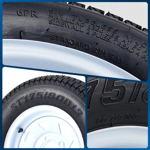 Trailer Tire And Wheel Set With ST175/80D13 Tire On 13 Inch Rims, 5 Lug On 4.5 Inch Bolt Pattern, Load Range C, 6PR, 50 Psi Max, White 13x5 Wheels, Set Of 2