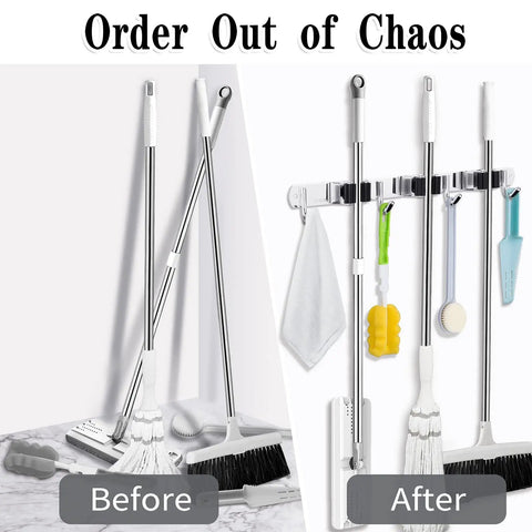 Before and after using Three Tiers Of Hooks And Four Hangers Broom And Mop Holder Wall Mount Garage Organizer Sturdy Heavy Duty