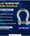 772 Pound Load 1/4 Inch 316 Marine Grade Stainless Steel Bow Anchor Shackle Smooth Screw Pin Build High Polish Finish shown on blue background.
