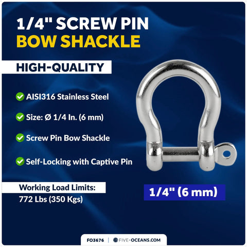 772 Pound Load 1/4 Inch 316 Marine Grade Stainless Steel Bow Anchor Shackle Smooth Screw Pin Build High Polish Finish shown on blue background.