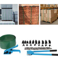 Heavy Duty Strapping Machine With 1000N Tension And 400Kg Break Strength, blue banding tool with green straps and accessories.