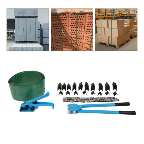 Heavy Duty Strapping Machine With 1000N Tension And 400Kg Break Strength, blue banding tool with green straps and accessories.