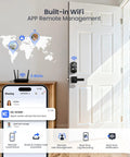Built In WiFi Fingerprint Smart Lock With Lever Handle Set No Hub Needed App Remote Control Keyless Front Door Entry Deadbolt With Digital Backlit Keypad Voice Assistant Auto Lock Matte Black installed on a white door