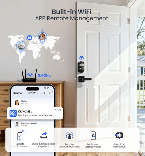 Built In WiFi Fingerprint Smart Lock With Lever Handle Set No Hub Needed App Remote Control Keyless Front Door Entry Deadbolt With Digital Backlit Keypad Voice Assistant Auto Lock Matte Black installed on a white door