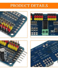 Close-up of Sixteen Channel PWM Servo Driver Board With 12 Bit I2C Interface PCA9685 Module detailing connectors and circuits.