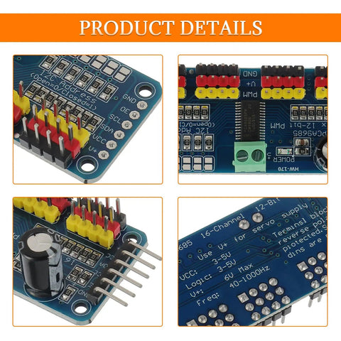 Close-up of Sixteen Channel PWM Servo Driver Board With 12 Bit I2C Interface PCA9685 Module detailing connectors and circuits.
