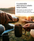 Two people pouring water from a bottle into a mug outdoors, highlighting sustainable hydration alternatives.