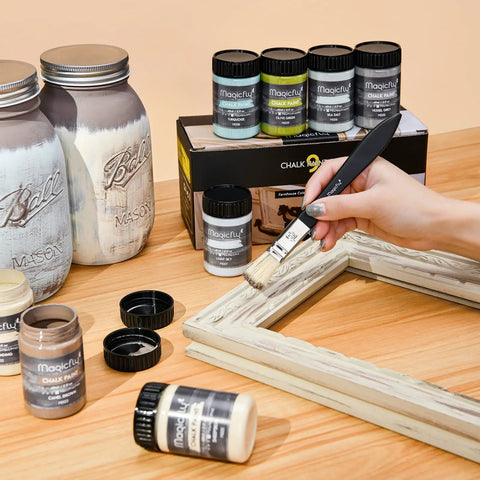 Chalk Furniture Paint Set With Nine Colors In Ultra Matte Finish, 60 Ml Bottles, Includes Liquid Wax, 2 Brushes, 3 Sandpapers scene