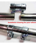 Chrome exhaust pipe connector sleeve with two mounting clamps joining two metal tubes, 95 mm length, ID 76 mm.