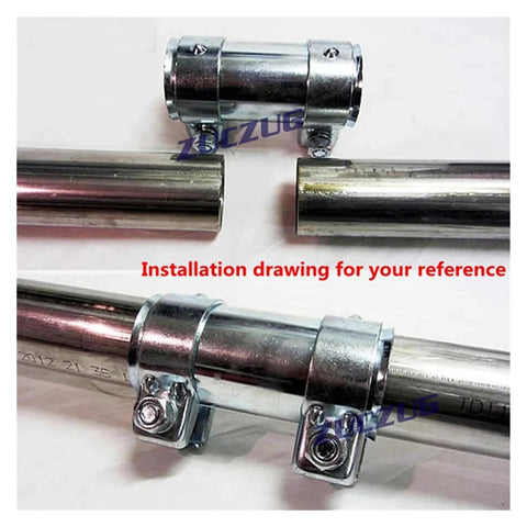 Chrome exhaust pipe connector sleeve with two mounting clamps joining two metal tubes, 95 mm length, ID 76 mm.