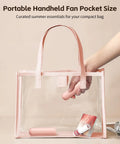 Portable Mini Handheld Fan With USB Rechargeable Power Bank And Built In LED Flashlight in transparent pink handbag
