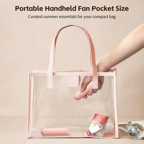 Portable Mini Handheld Fan With USB Rechargeable Power Bank And Built In LED Flashlight in transparent pink handbag