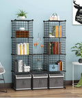 Wire Cube Storage Organizer For Home And Office, 12 Cube Metal Grid Shelving System with books and decor in a living room.