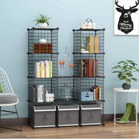 Wire Cube Storage Organizer For Home And Office, 12 Cube Metal Grid Shelving System with books and decor in a living room.