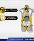 Back view of ATERET Safety Harness Kit with detachable 6 foot double leg lanyard showing D-ring, fall indicators, OSHA ANSI compliant.
