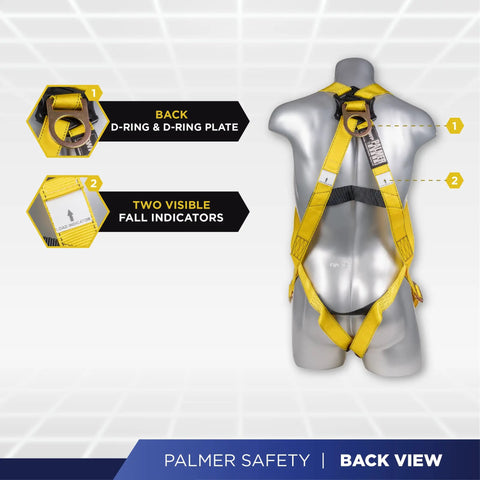 Back view of ATERET Safety Harness Kit with detachable 6 foot double leg lanyard showing D-ring, fall indicators, OSHA ANSI compliant.