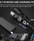 Beast Mode 90,000 Lumen Rechargeable LED Flashlight With Zoomable Beam And 10 Modes, USB charging options displayed