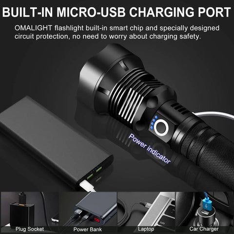 Beast Mode 90,000 Lumen Rechargeable LED Flashlight With Zoomable Beam And 10 Modes, USB charging options displayed
